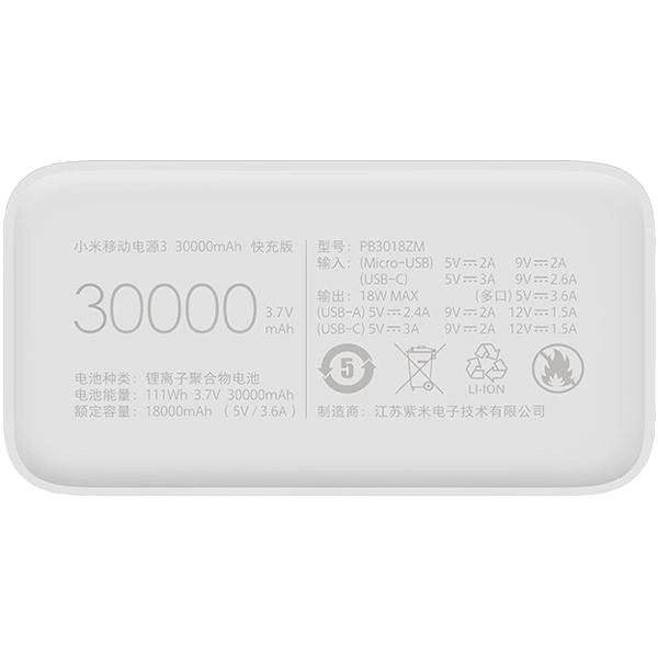 PB3018ZM1 Xiaomi Mi Power Bank 3 30000 mAh 24W Fast Charge PB3018ZM White (VXN4307CN) Повербанк