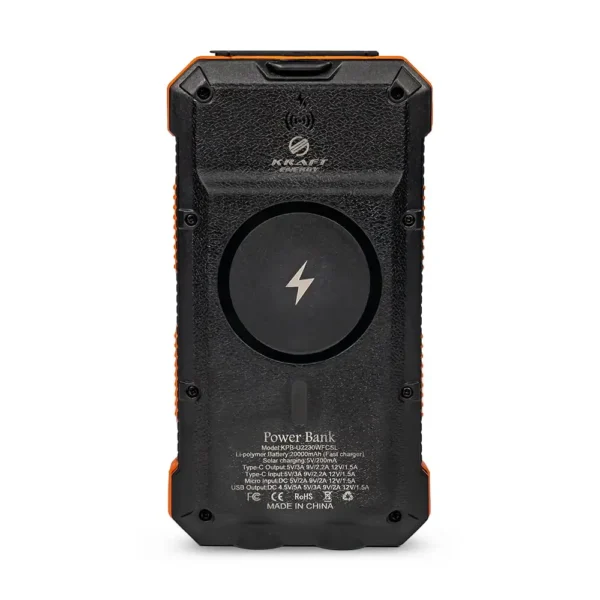 Повербанк з сонячною панеллю 20000mAh Power Bank Kraft KPB-U2230WFCSL Orange бездротова зарядка LED-ліхтар