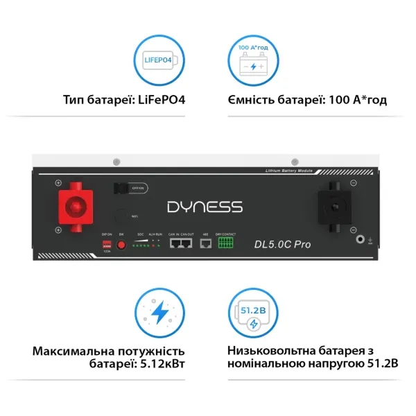 Літієва акумуляторна батарея Dyness DL5.0C Heating 51.2В 5.12 кВт-год 100А з підігрівом та Wi-Fi модулем